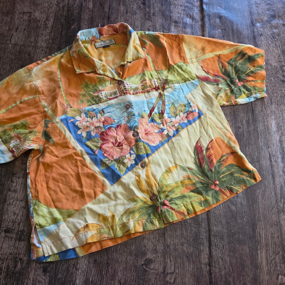 TOMMY BAHAMA Camp Shirt Womens M Orange Silk Tropical Palm Tree Floral Button Up